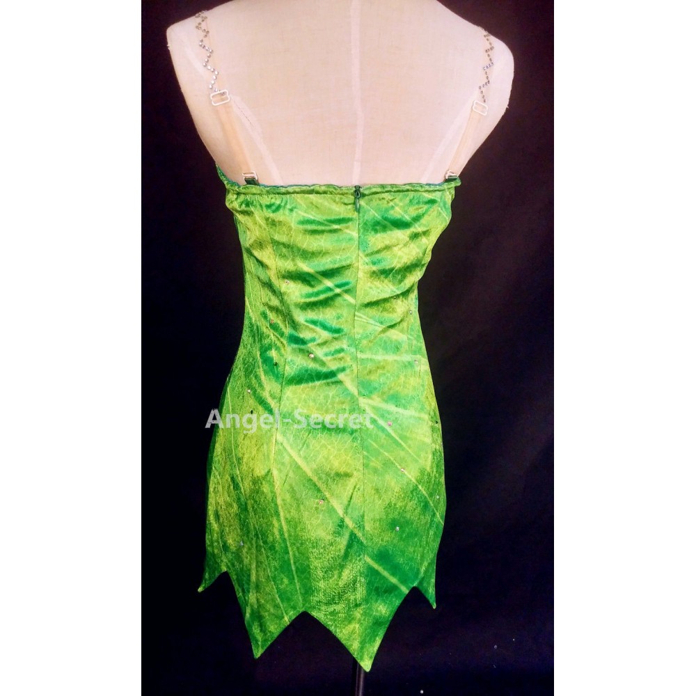 P Tinkerbell Leaf Print Dress Green Rhinestones Cosplay Adult Women