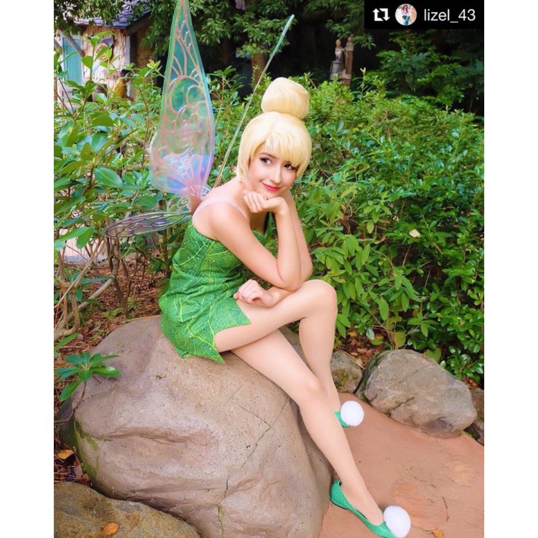 P156C Tinkerbell Leaf Print Dress Green Rhinestones Cosplay Adult Women