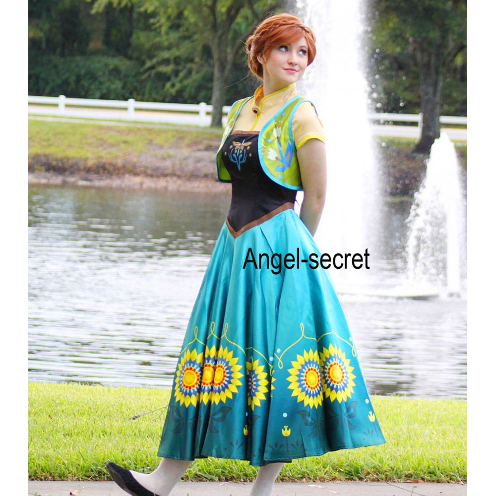 J555 Anna costume frozen fever spring women cosplay sunflower dress and ...