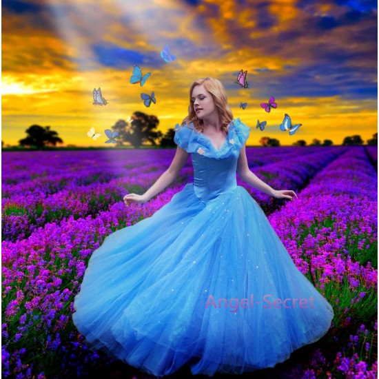 P143 Movies Cosplay Costume Cinderella 2015 Ella blue dress princess iridescent