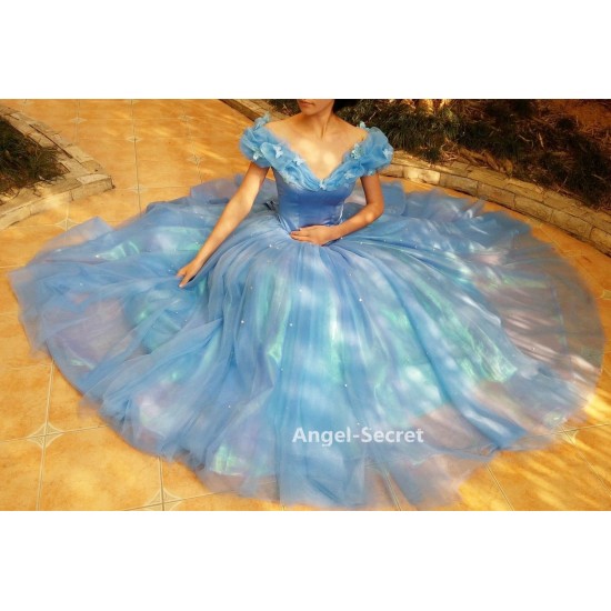 P343 Movies Cosplay Costume Cinderella 2015 Ella blue dress