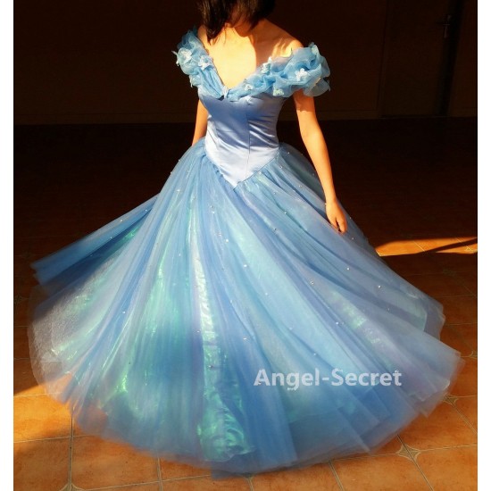 P143 Movies Cosplay Costume Cinderella 2015 Ella blue dress princess iridescent