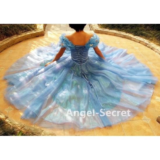 P143 Movies Cosplay Costume Cinderella 2015 Ella blue dress princess iridescent