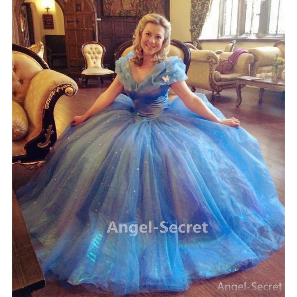 P143 Movies Cosplay Costume Cinderella 2015 Ella blue dress princess ...