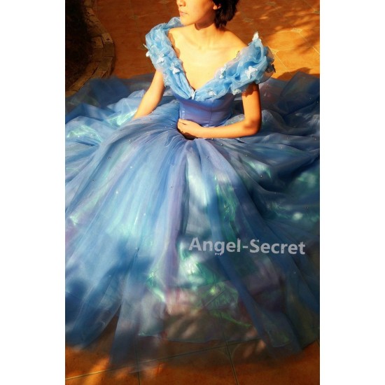 P343 Movies Cosplay Costume Cinderella 2015 Ella blue dress gradient  iridescent