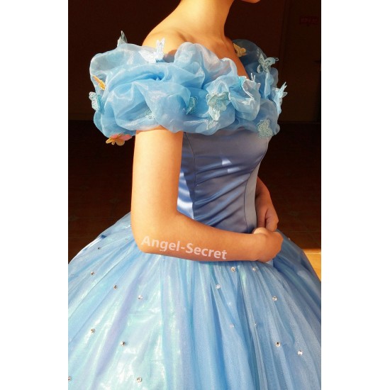 P143 Movies Cosplay Costume Cinderella 2015 Ella blue dress princess iridescent