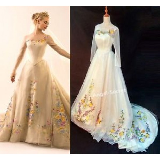 P305 Movie Costume Cinderella 2015 Ella wedding bridal dress with long train