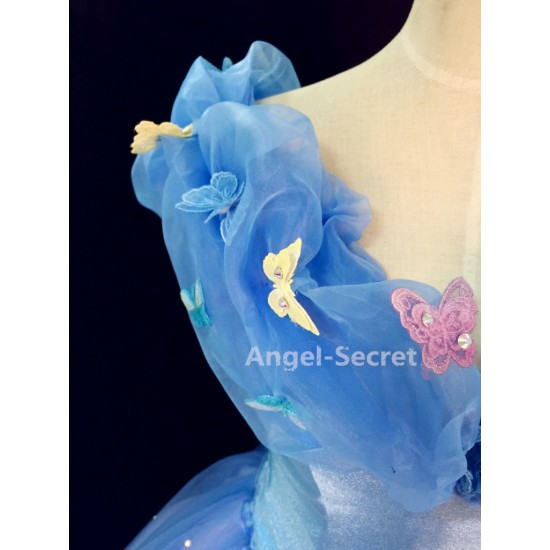 P343 Movies Cosplay Costume Cinderella 2015 Ella blue dress gradient iridescent