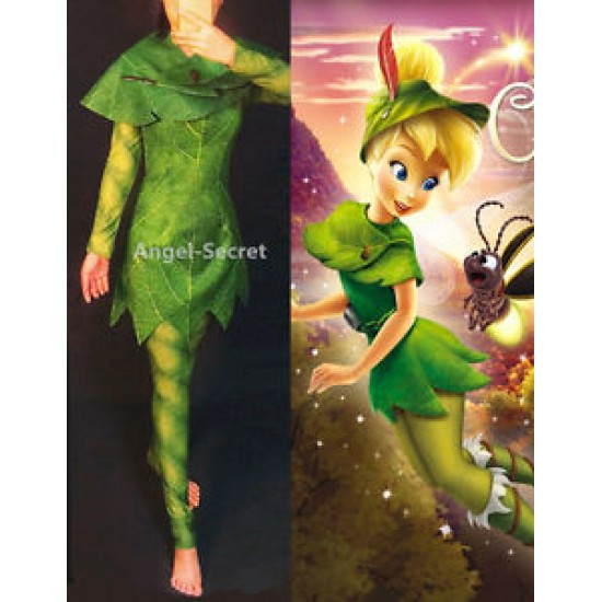 P456 Green Tinkerbell flannel leaf print dress Costume custom made women adult