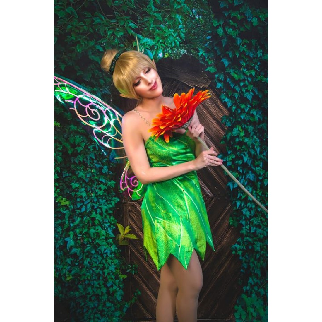 P556 Tinkerbell Leaf Print Dress Green Rhinestones Cosplay Adult Women