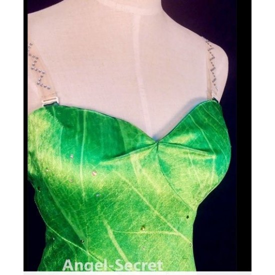 P556C Tinkerbell leaf print dress green  cosplay adult women fairy with rhinestones 