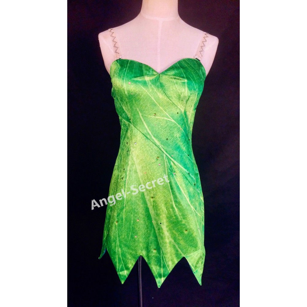P556 Tinkerbell leaf print dress green rhinestones cosplay adult women ...