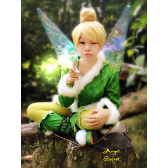 TK1 green Tinkerbell jacket with open to put the wings white furry trim w belt
