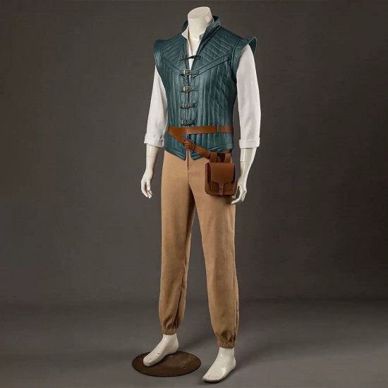 P444 Medieval Adventurer Men’s Costume – Teal Quilted Vest, Shirt, Pants, Belts & Bags Complete Set