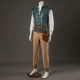 P444 Medieval Adventurer Men’s Costume – Teal Quilted Vest, Shirt, Pants, Belts & Bags Complete Set