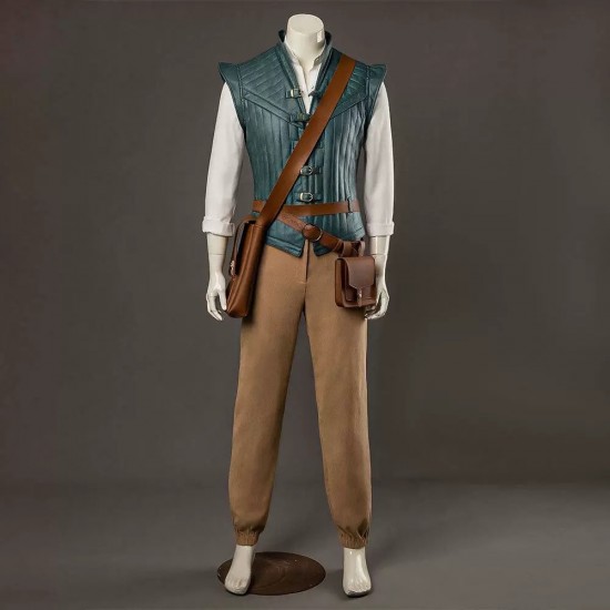 P444 Medieval Adventurer Men’s Costume – Teal Quilted Vest, Shirt, Pants, Belts & Bags Complete Set