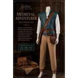 P444 Medieval Adventurer Men’s Costume – Teal Quilted Vest, Shirt, Pants, Belts & Bags Complete Set