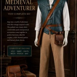 P444 Medieval Adventurer Men’s Costume – Teal Quilted Vest, Shirt, Pants, Belts & Bags Complete Set