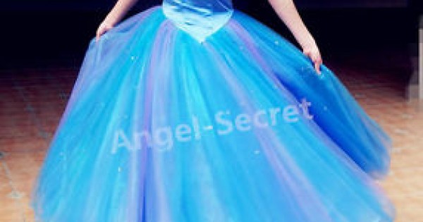 P343 Movies Cosplay Costume Cinderella 2015 Ella blue dress gradient  iridescent