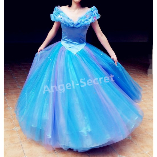 P343 Movies Cosplay Costume Cinderella 2015 Ella blue dress gradient  iridescent