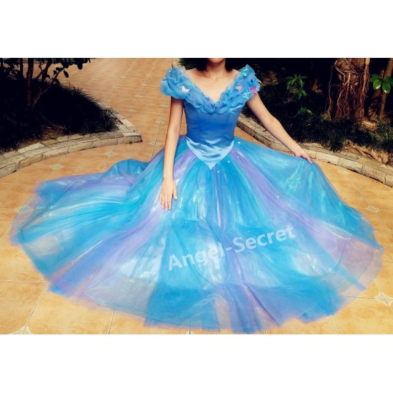 P243 Movies Cosplay Costume Cinderella 2015 Ella blue dress princess iridescent