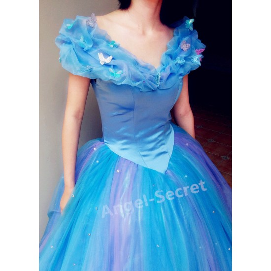 P243 Movies Cosplay Costume Cinderella 2015 Ella blue dress princess  iridescent