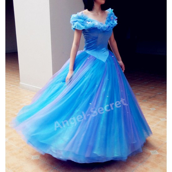 P243 Movies Cosplay Costume Cinderella 2015 Ella blue dress princess iridescent