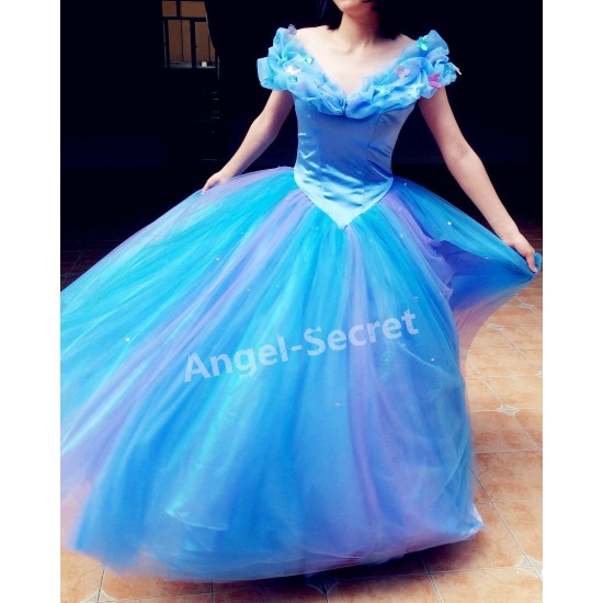 P243 Movies Cosplay Costume Cinderella 2015 Ella blue dress princess iridescent