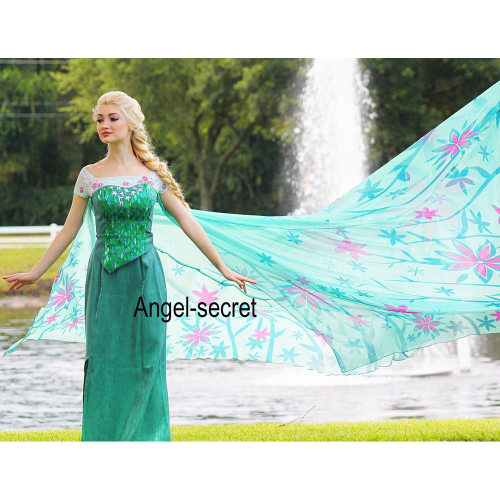J929 spring FROZEN FEVER ELSA green dress whole set 2.6 meter cape ...