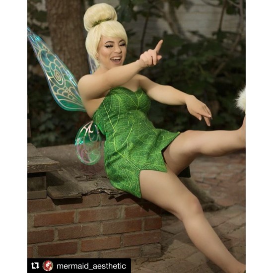 P156 Green Tinkerbell flannel leaf print dress Costume custom made women adult